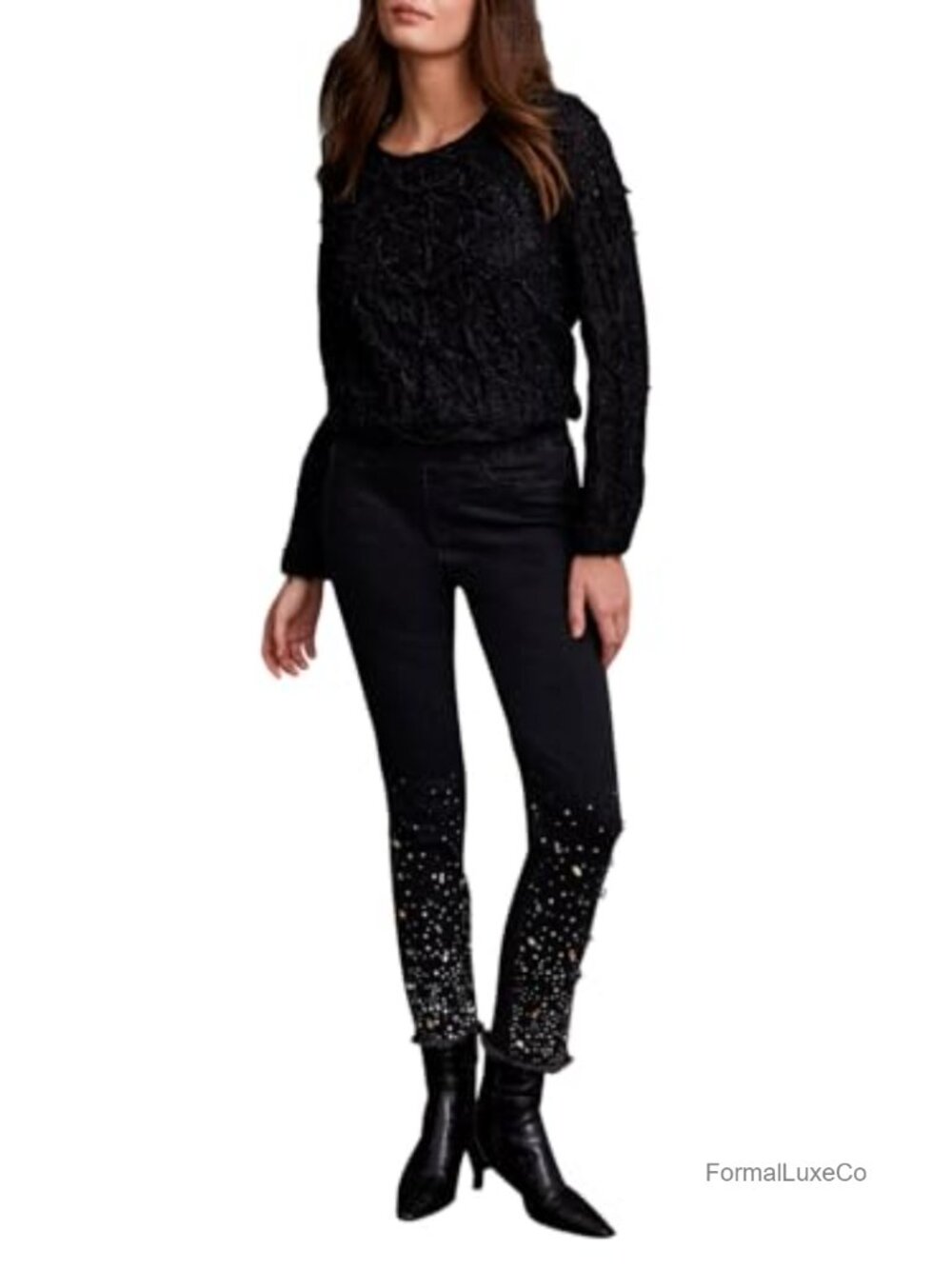 Pull On Straight Slim Leg Ankle Pants with Gradient Gemstones